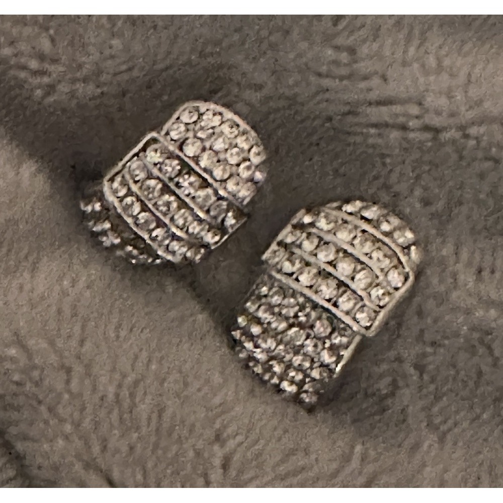 Beautiful Rhinestone Silver Tone Half Hoop Post Pierced Earrings
